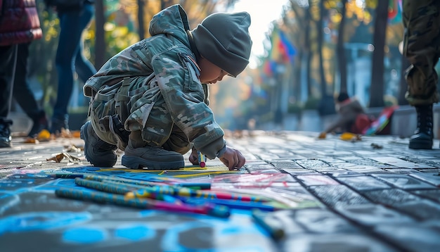 Un groupe d'enfants dessine sur un tableau.