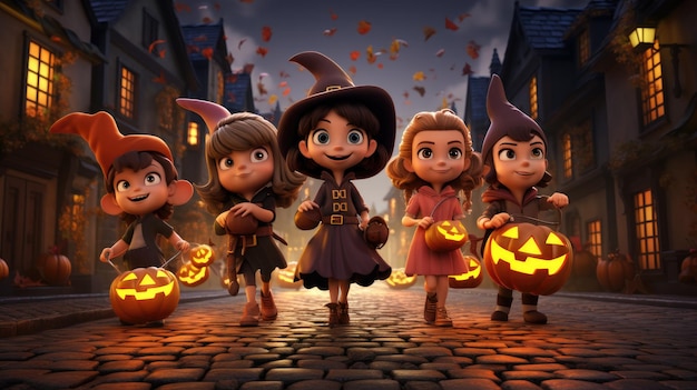 Un groupe d'enfants de dessins animés 3D dans un Halloween élaboré