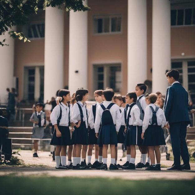 Un groupe d'enfants devant une école