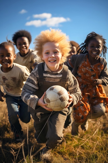 Photo groupe d'enfants de différentes couleurs de peau et de cheveux jouant au ballon diversité raciale et ethnique