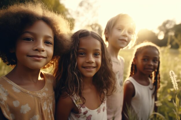 un groupe d'enfants de différentes nationalités courent sur l'herbe sur la toile de fond d'un parc et de la verdure générative ai