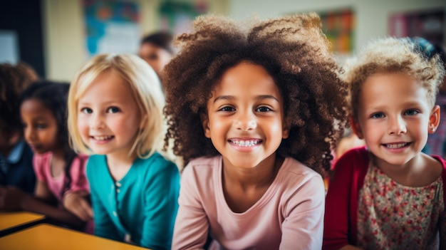 Groupe d'enfants divers dans une éducation heureuse et positive en classe