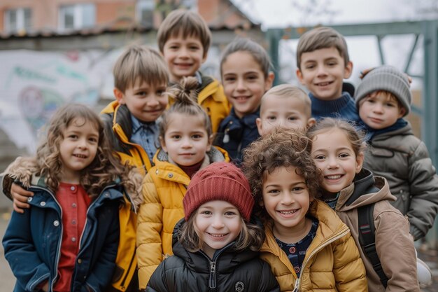 Un groupe d'enfants divers, joyeux, amusants, heureux et multiethniques à l'extérieur dans la cour de l'école.