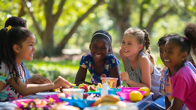 Photo un groupe d'enfants divers sont assis autour d'une table de pique-nique dans un parc ils sont tous souriants et riants et apprécient la nourriture sur la table