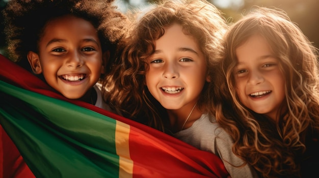 Un groupe d'enfants divers tenant un drapeau éduque et célèbre différentes nationalités et pays