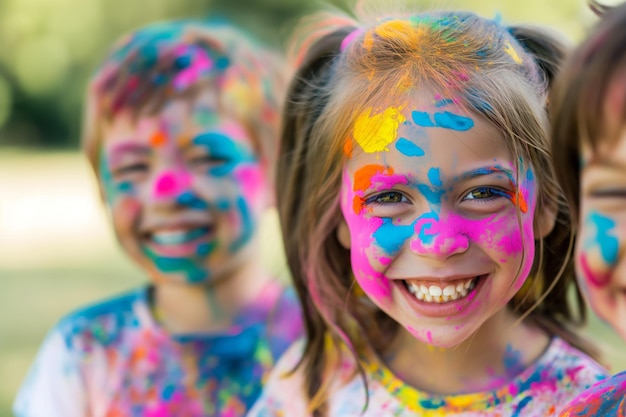 un groupe d'enfants dont les visages sont peints en différentes couleurs