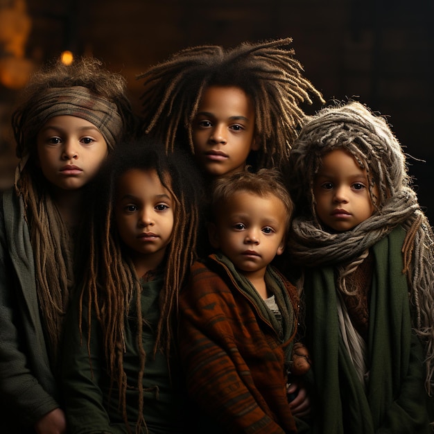 Un groupe d'enfants avec des dreadlocks et un portrait d'eux.