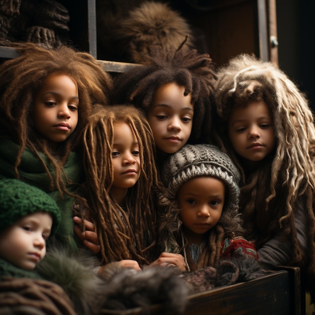 Un groupe d'enfants avec des dreadlocks sont dans une boîte.