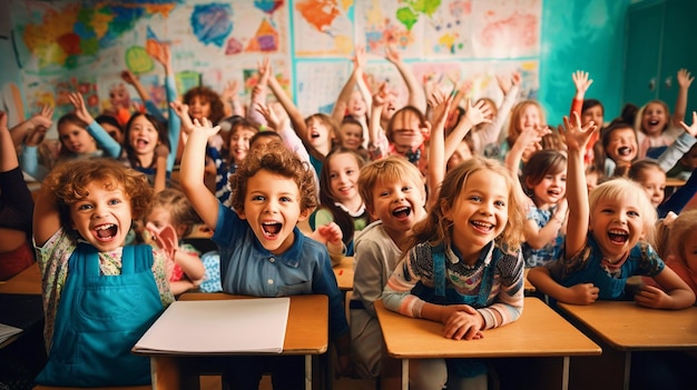 Un groupe d'enfants d'école assis dans la salle de classe lèvent la main