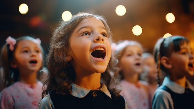 Groupe d'enfants d'école chantant en chœur ensemble ou jouant une comédie musicale Des enfants mignons chantant