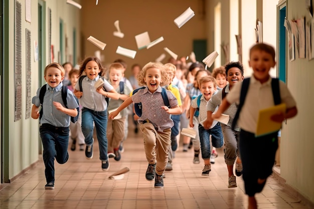 Groupe d'enfants à l'école courant joyeusement dans les couloirs