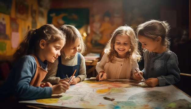 Un groupe d'enfants de l'école primaire fait un projet créatif en classe.