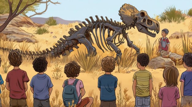 Un groupe d'enfants écoutant attentivement un guide expliquant l'importance de l'exploration des fossiles et