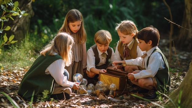 Un groupe d'enfants engagés dans une chasse au trésor en plein air amusante à la recherche de trésors cachés