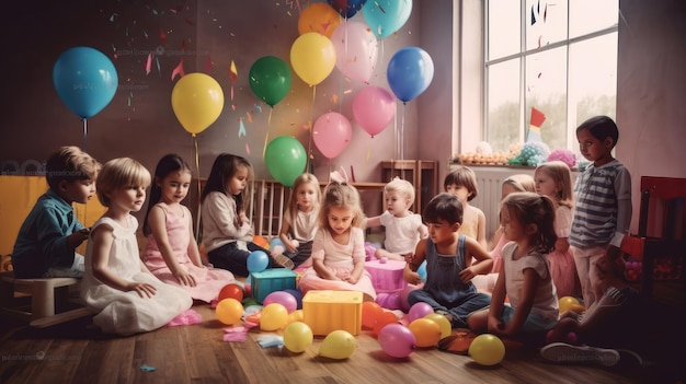 Un groupe d'enfants est assis autour d'une table avec des ballons et des ballons au mur.