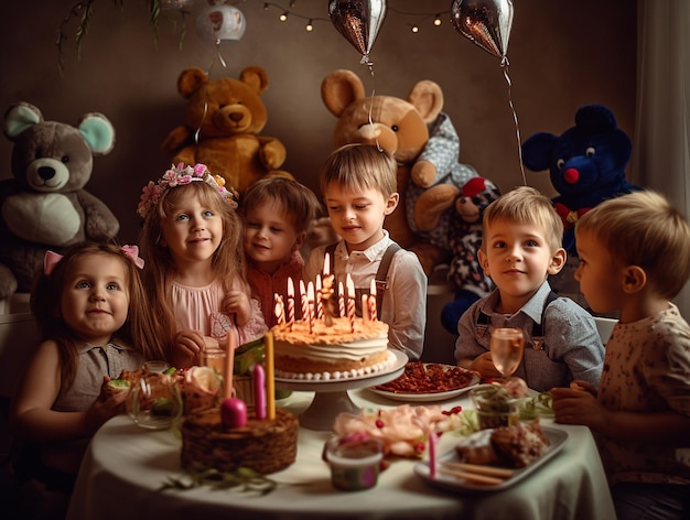 Un groupe d'enfants est assis autour d'une table avec un gâteau avec des bougies dessus.