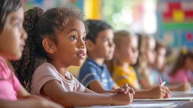 Un groupe d'enfants est assis à leur bureau dans une salle de classe AIG41