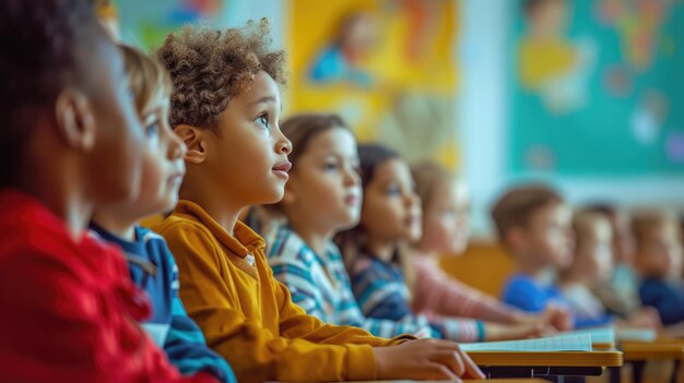 Un groupe d'enfants est assis à leur bureau dans une salle de classe AIG41