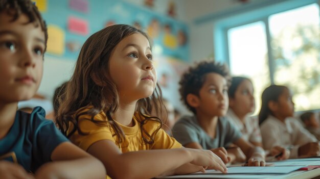 Photo un groupe d'enfants est assis à leur bureau dans une salle de classe aig41