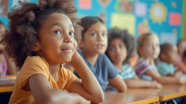 Un groupe d'enfants est assis à leur bureau dans une salle de classe.