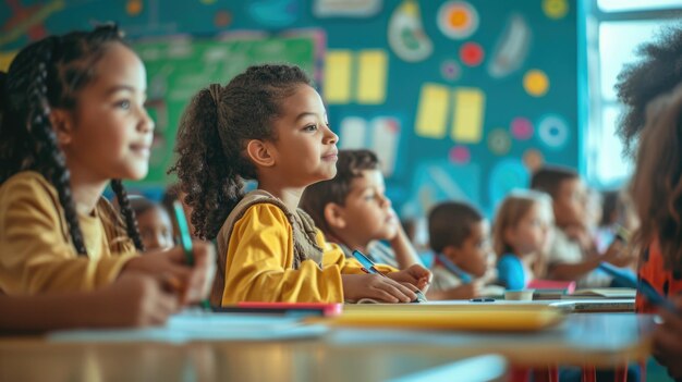 Un groupe d'enfants est assis à leur bureau dans une salle de classe.