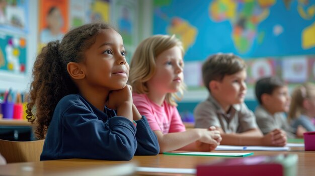 Un groupe d'enfants est assis à leur bureau dans une salle de classe.