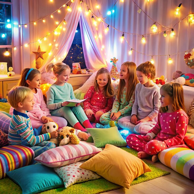 un groupe d'enfants est assis sur un lit avec un ours en peluche