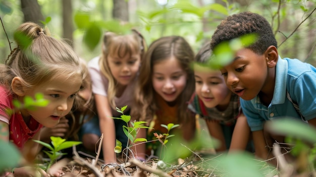 Photo un groupe d'enfants examine avec enthousiasme diverses plantes dans une forêt luxuriante.