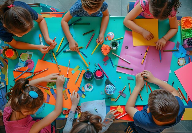 un groupe d'enfants fait des œuvres d'art sur une table