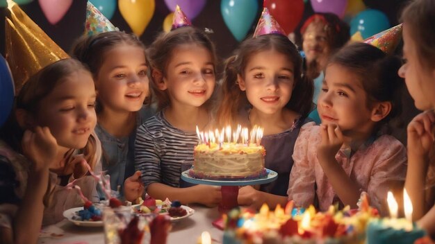 Groupe d'enfants à une fête d'anniversaire avec un gâteau