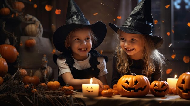 Groupe d'enfants filles en costumes de sorcière pour Halloween avec lanterne citrouille à la maison