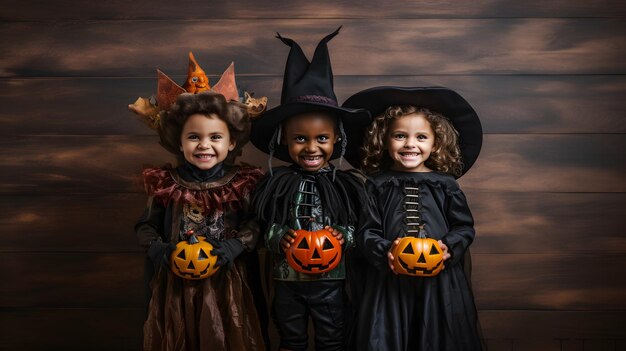 Un groupe d'enfants habillés en costumes d'halloween générative ai