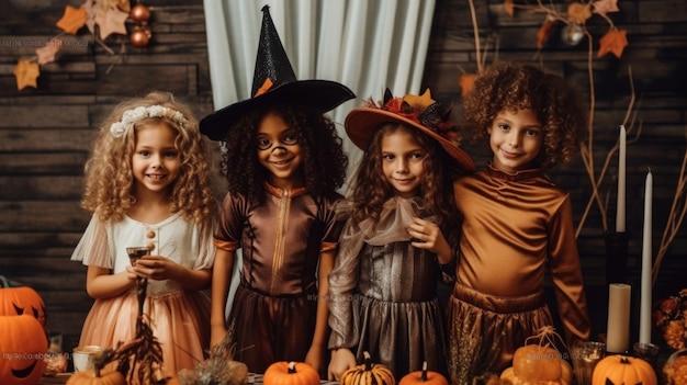 un groupe d'enfants habillés en sorcières posent pour une photo.