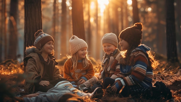 Un groupe d'enfants heureux assis sur le sol dans un cadre forestier magique