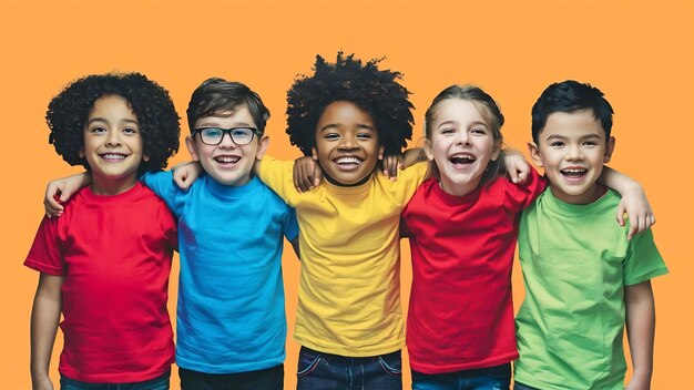 Un groupe d'enfants heureux en chemises colorées se tiennent l'un derrière l'autre sur un fond blanc