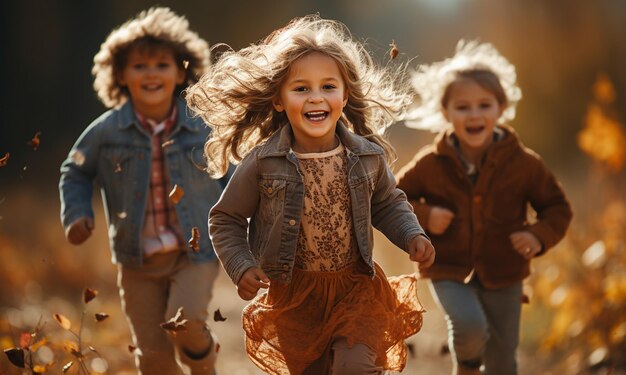 Un groupe d'enfants heureux courant dans le parc d'automne