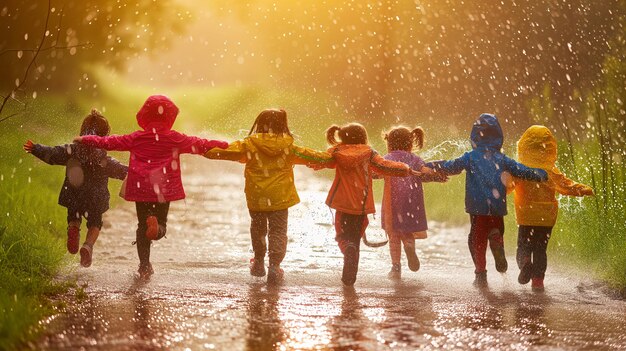 Un groupe d'enfants heureux courant sous la pluie dans le parc sur une vue arrière d'une journée ensoleillée
