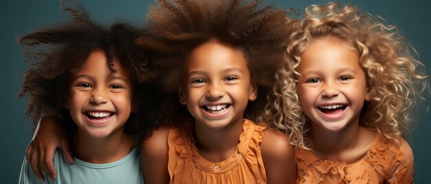 Groupe d'enfants heureux sur fond bleu IA générative