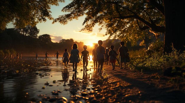 Photo groupe d'enfants heureux jouant dans la forêtgenerative ai