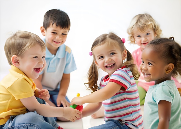 Groupe d'enfants heureux jouant avec de la plasticine à la maternelle ou à la garderie