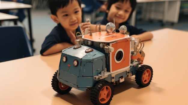 Photo groupe d'enfants heureux jouant avec un robot jouet lors d'une maquette de cours de sciences