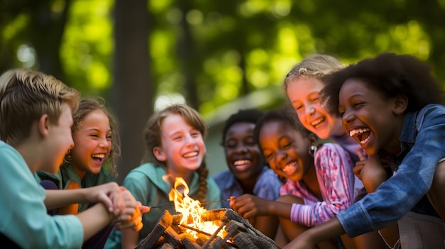 Photo groupe d'enfants heureux rôtissant de la guimauve sur un feu de joie dans la forêt