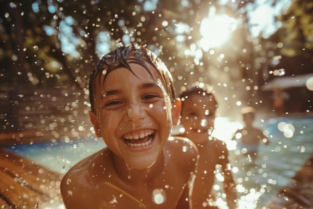 Un groupe d'enfants heureux et souriants s'amusant dans la piscine par une journée ensoleillée