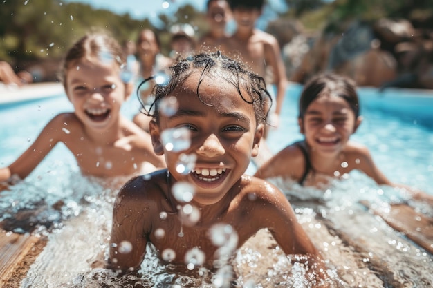 Photo un groupe d'enfants heureux et souriants s'amusant dans la piscine par une journée ensoleillée