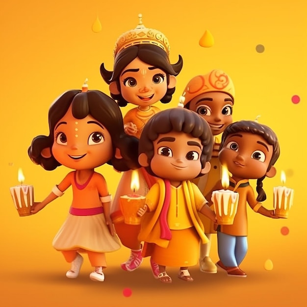 Un groupe d'enfants indiens en costumes traditionnels dansant avec une illustration de dessin animé de la lampe à huile de Diwali