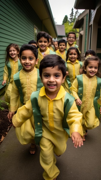 Un groupe d'enfants indiens heureux dans des vêtements traditionnels colorés courent dans une rue