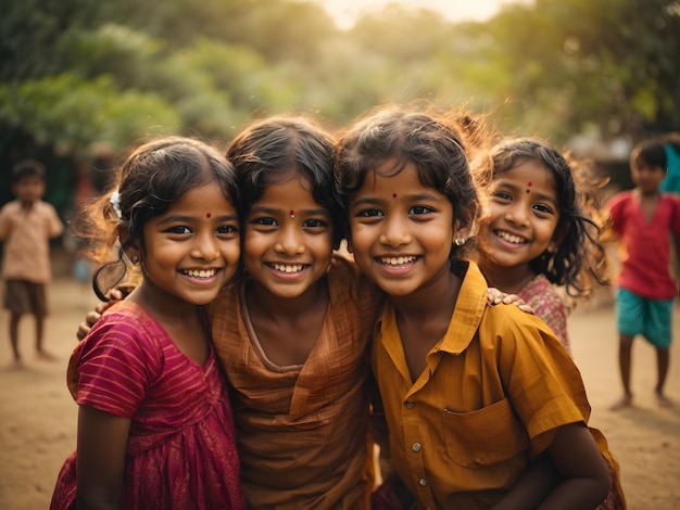 Groupe d'enfants indiens heureux jouant en plein air