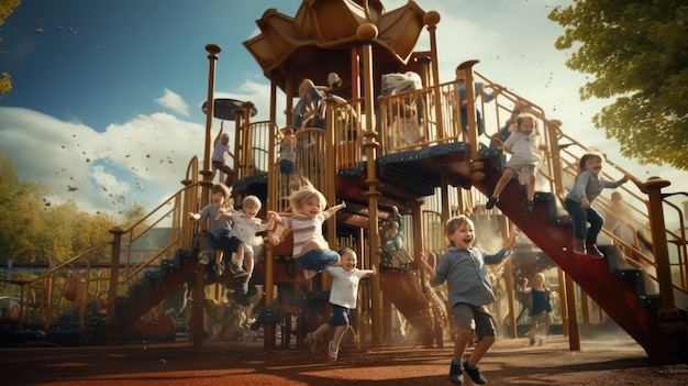 un groupe d'enfants jouant sur un carrousel avec un petit garçon sur le dos.