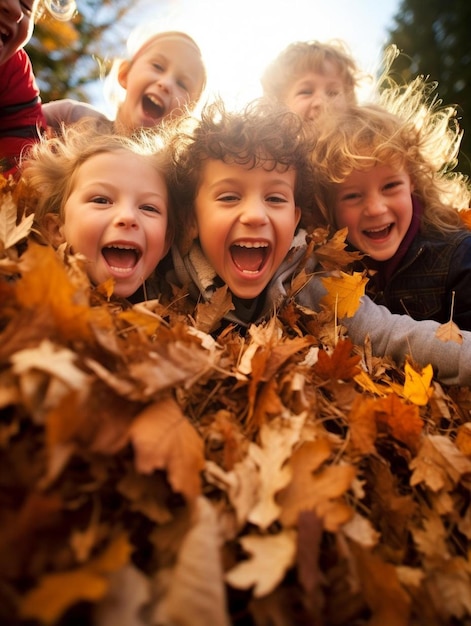 un groupe d'enfants jouant dans des feuilles avec leurs bras autour d'eux.