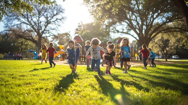 Un groupe d'enfants jouant dans un parc rire et joie resplendissant